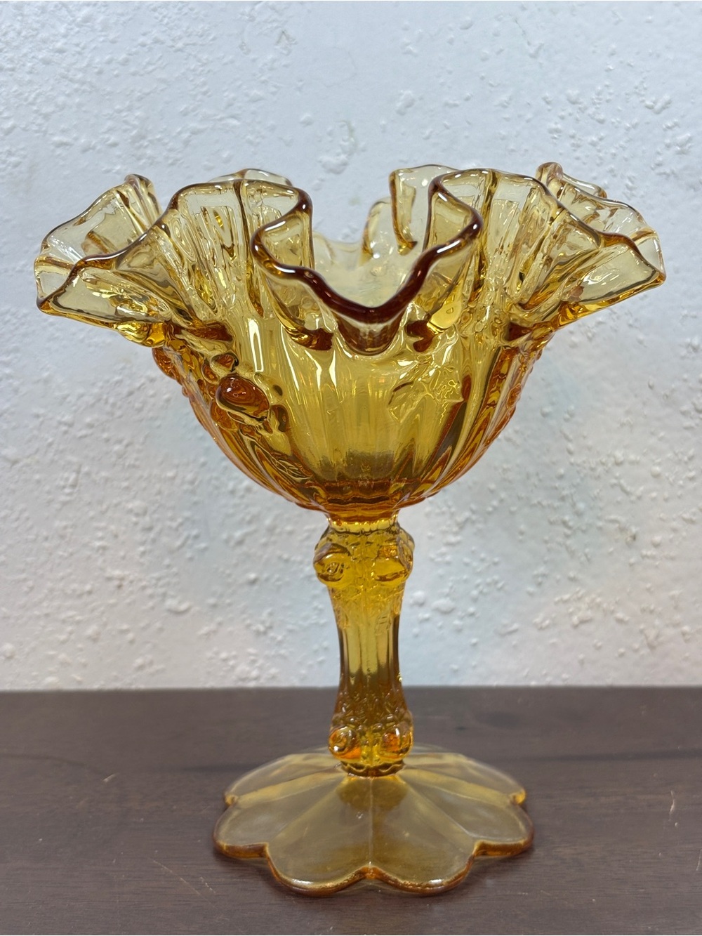 Fenton Amber Ruffled Pedestal Compote